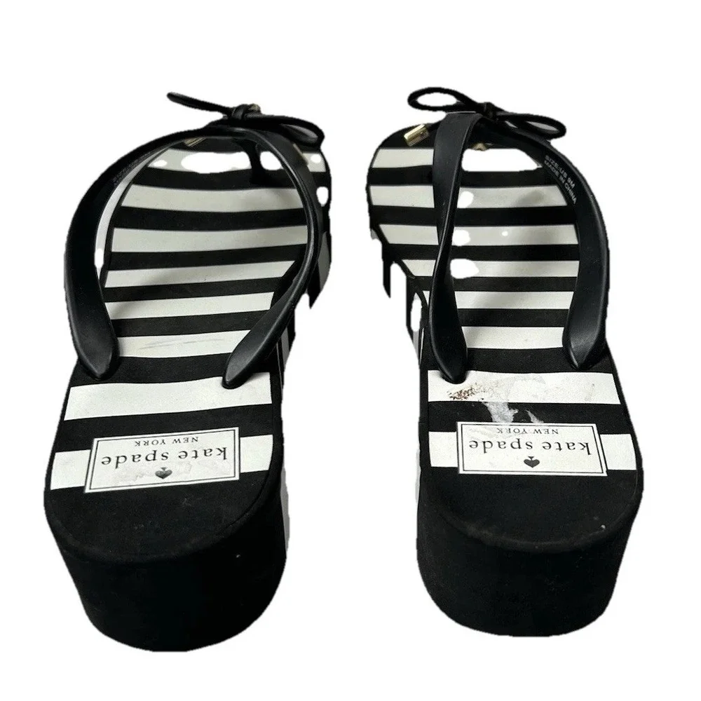KATE SPADE Black & White Striped Platform Wedge Flip Flop Sandals Womens 9M - Picture 3 of 5